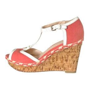 TOMMY HILFIGER | Women’s Dacey Coral Canvas Sandals Peep Toe Cork Wedge Size 8